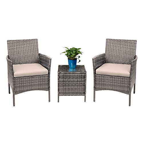 Devoko 3 Pieces Patio Furniture Sets Clearance PE Rattan Wicker Chairs with Table Outdoor Garden Porch Furniture Sets (Brown/Beige)