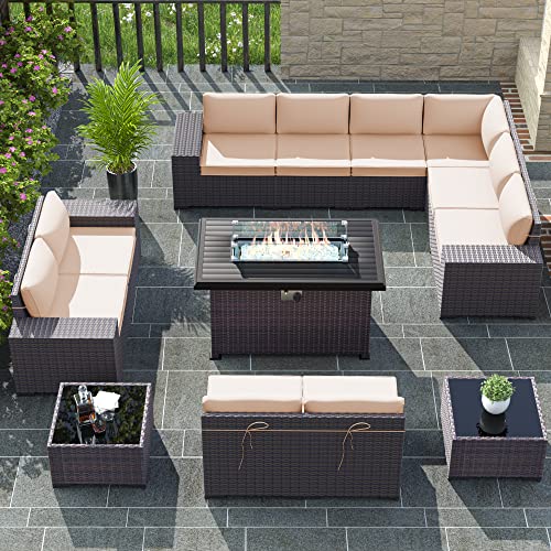 RTDTD Outdoor Patio Furniture Set with Propane Fire Pit Table, 13 Pieces Outdoor Furniture Patio Sectional Sofa Conversation Sets w/ETL Approved 43" Gas Outdoor Fire Table & Coffee Table (Brown)