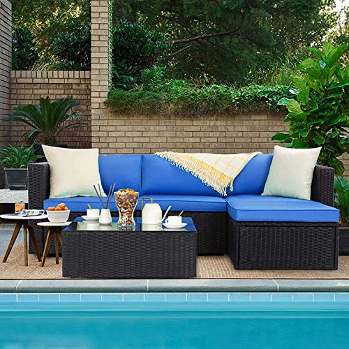 VITESSE 5 Pieces Patio Furniture Sectional Sets,Outdoor All-Weather PE Rattan Wicker Lawn Conversation Sets，Garden Sofa Set with Coffee Table and Washable Couch Cushions (Royal Blue)