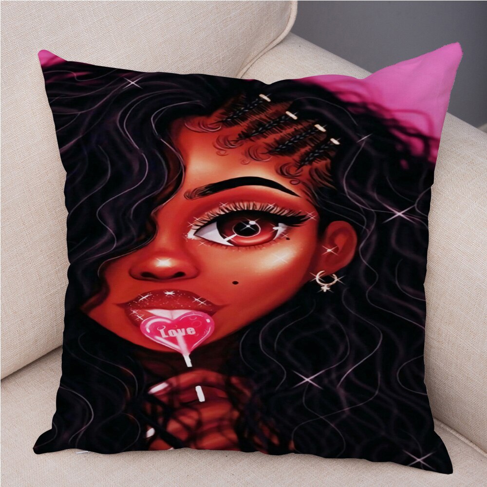 Cartoon Beautiful Africa Girl Pillow Case Short Plush Decor Colorful Cushion Cover for Sofa Car Home Pillowcase Covers 45x45cm