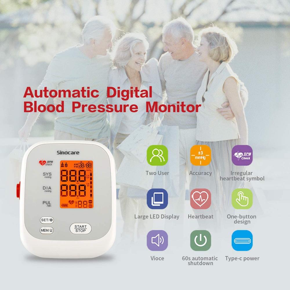 Sinocare Blood Pressure Monitor Upper Arm Tensiometer Automatic Digital BP Machine Sphygmomanometer Heart Rate Pulse 2x90 Memory