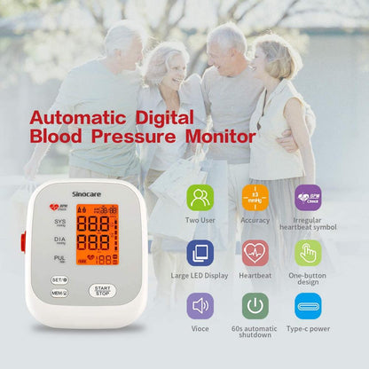 Sinocare Blood Pressure Monitor Upper Arm Tensiometer Automatic Digital BP Machine Sphygmomanometer Heart Rate Pulse 2x90 Memory