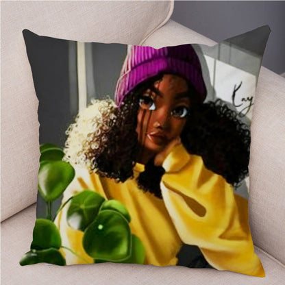 Cartoon Beautiful Africa Girl Pillow Case Short Plush Decor Colorful Cushion Cover for Sofa Car Home Pillowcase Covers 45x45cm