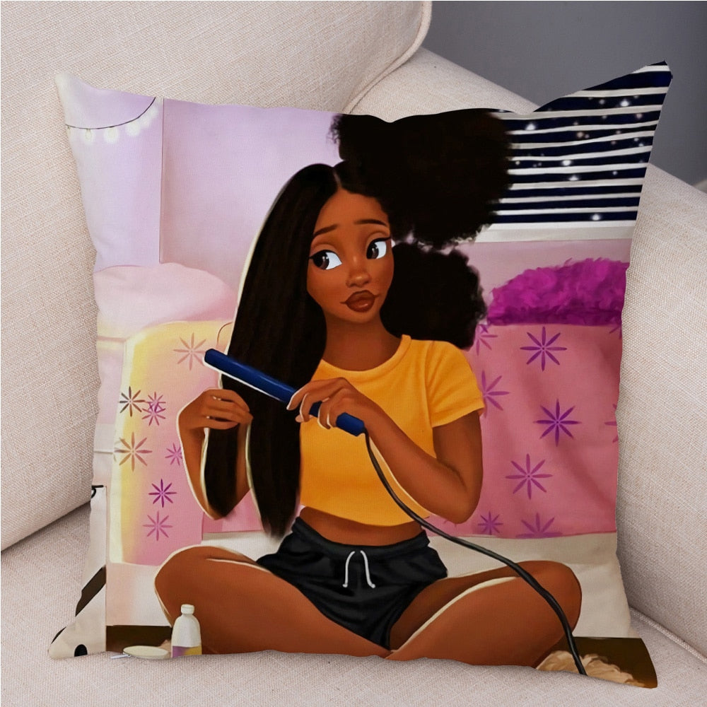 Cartoon Beautiful Africa Girl Pillow Case Short Plush Decor Colorful Cushion Cover for Sofa Car Home Pillowcase Covers 45x45cm