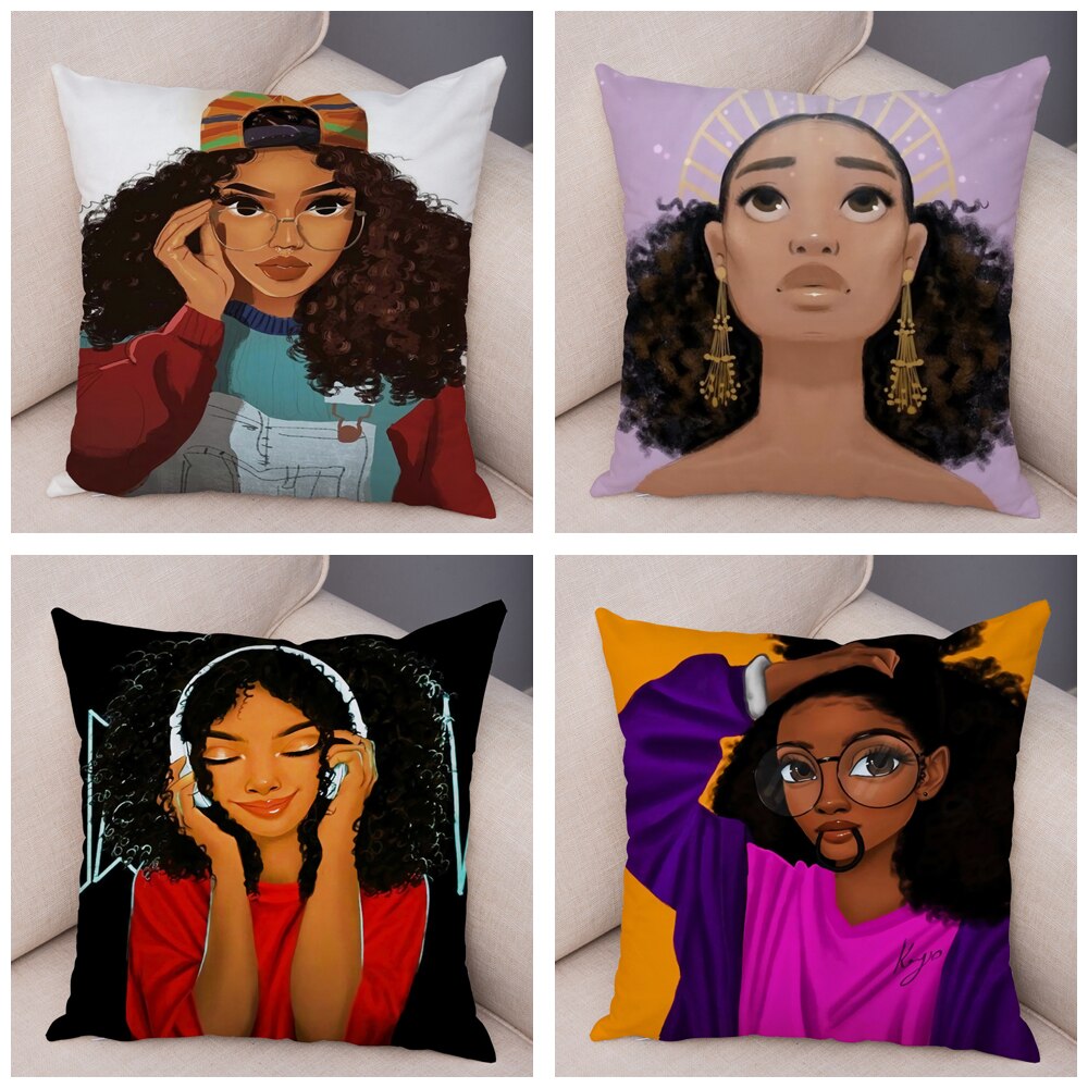 Cartoon Beautiful Africa Girl Pillow Case Short Plush Decor Colorful Cushion Cover for Sofa Car Home Pillowcase Covers 45x45cm