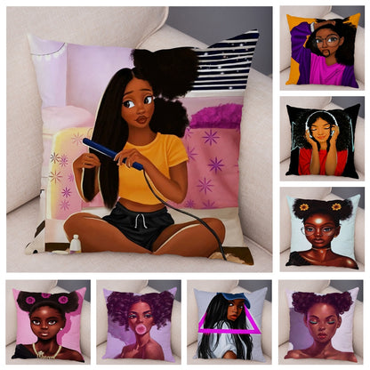 Cartoon Beautiful Africa Girl Pillow Case Short Plush Decor Colorful Cushion Cover for Sofa Car Home Pillowcase Covers 45x45cm