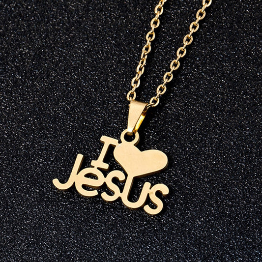 Fashion Heart I Love JESUS pendant Necklace Stainless steel Gold color Women charm Christian religious Jewelry Gift