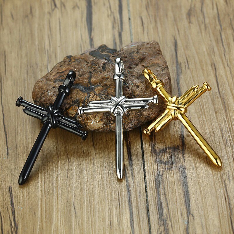 Vnox Stylish Nail Cross Pendant Necklace for Men,Stainless Steel Religious Jewelry Punk Christian Prayer Male Collars