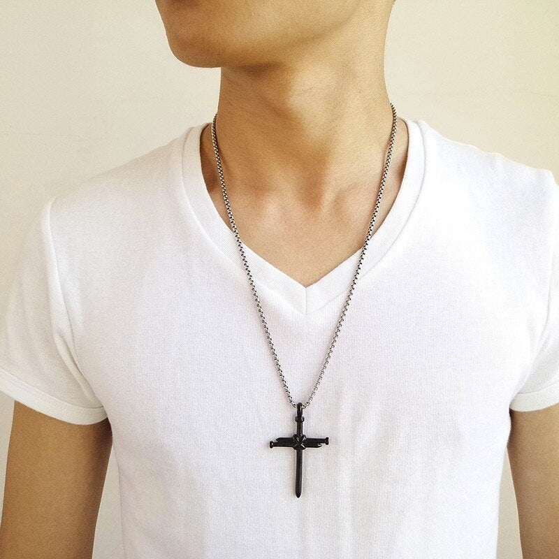 Vnox Stylish Nail Cross Pendant Necklace for Men,Stainless Steel Religious Jewelry Punk Christian Prayer Male Collars