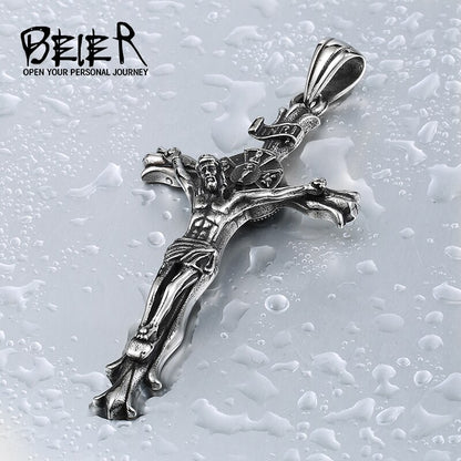BEIER white/gold Catholic Religious Jesus Piece Cross Pendant Necklace For Men Gift Vintage Chain Christian Jewelry BP8-188