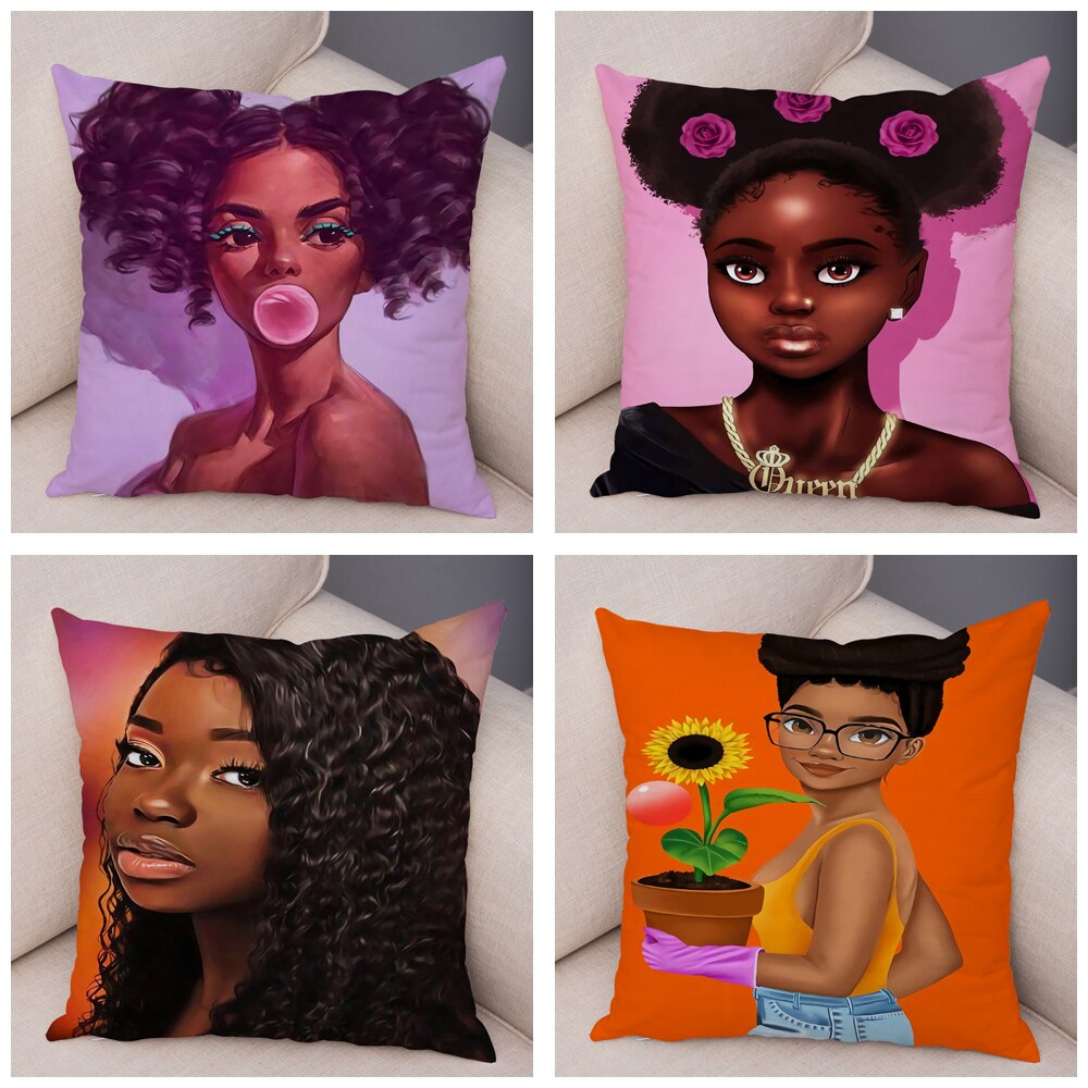 Cartoon Beautiful Africa Girl Pillow Case Short Plush Decor Colorful Cushion Cover for Sofa Car Home Pillowcase Covers 45x45cm