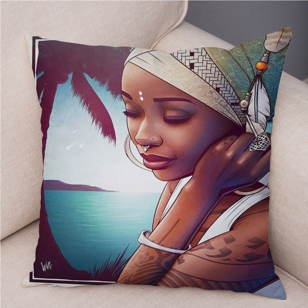 Cartoon Beautiful Africa Girl Pillow Case Short Plush Decor Colorful Cushion Cover for Sofa Car Home Pillowcase Covers 45x45cm