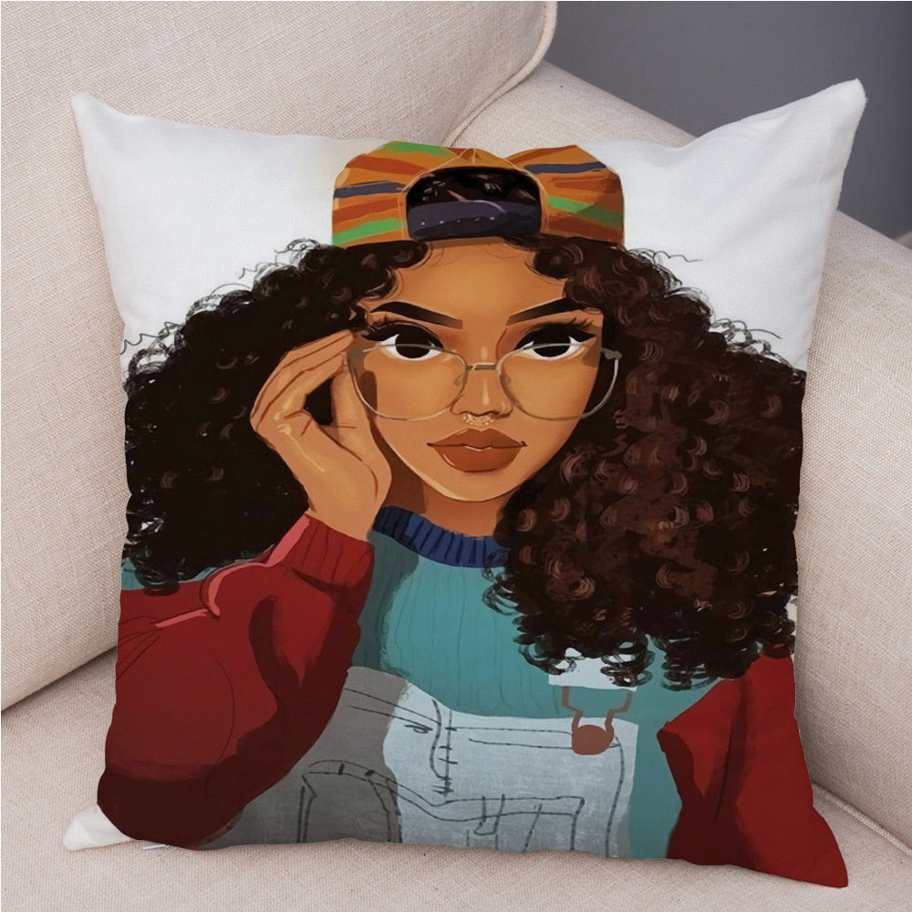 Cartoon Beautiful Africa Girl Pillow Case Short Plush Decor Colorful Cushion Cover for Sofa Car Home Pillowcase Covers 45x45cm