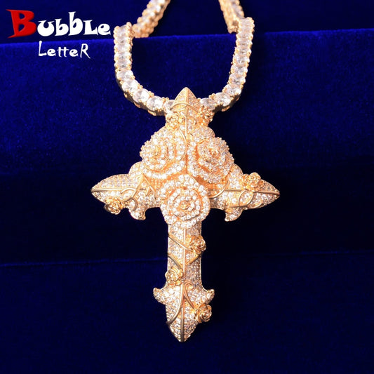 Cross Flower Necklaces &amp; Pendant Gold Color Plated Bling Cubic Zircon Men&#39;s Hip Hop Jewelry