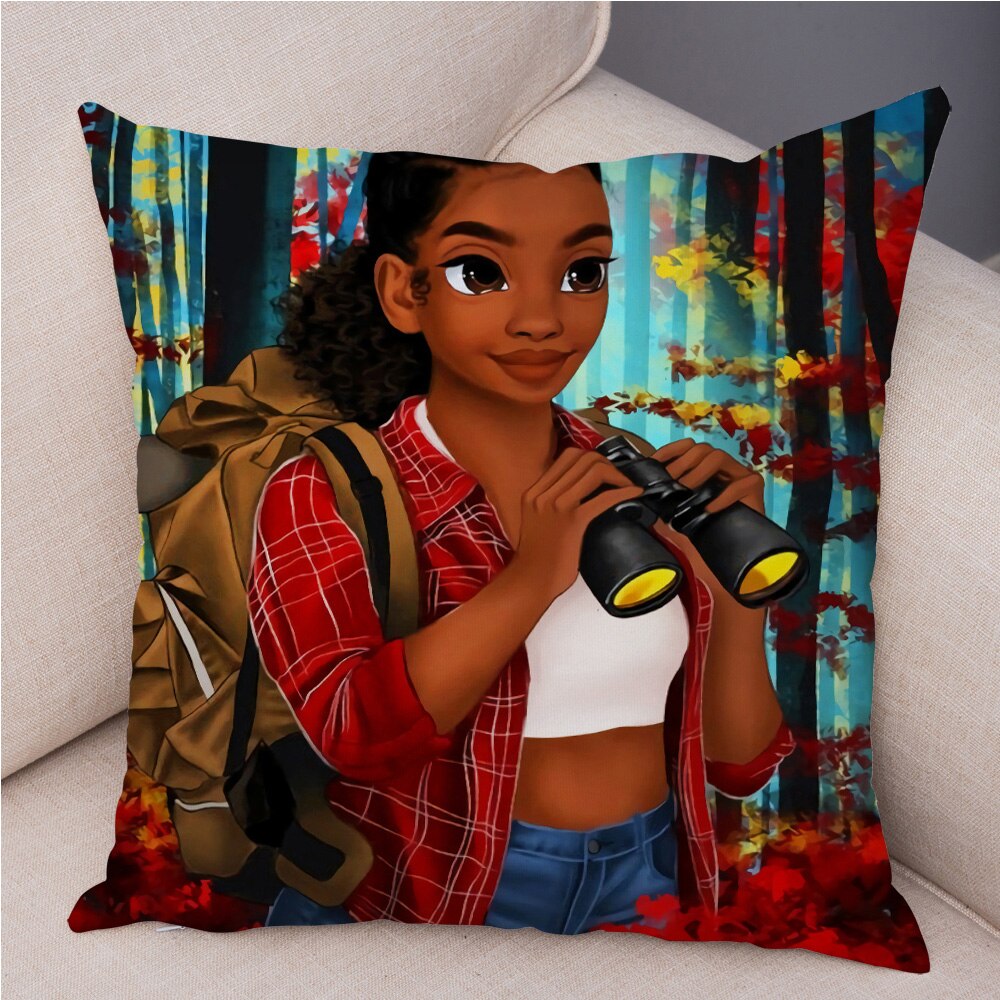 Cartoon Beautiful Africa Girl Pillow Case Short Plush Decor Colorful Cushion Cover for Sofa Car Home Pillowcase Covers 45x45cm