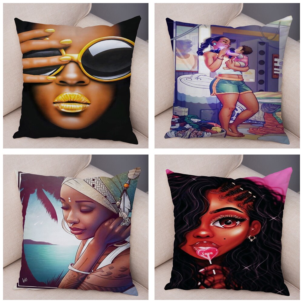 Cartoon Beautiful Africa Girl Pillow Case Short Plush Decor Colorful Cushion Cover for Sofa Car Home Pillowcase Covers 45x45cm