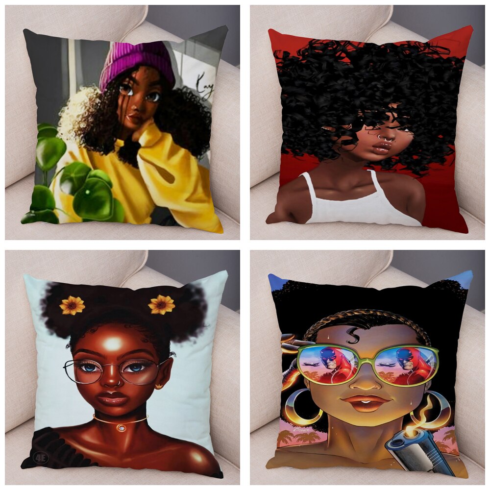 Cartoon Beautiful Africa Girl Pillow Case Short Plush Decor Colorful Cushion Cover for Sofa Car Home Pillowcase Covers 45x45cm